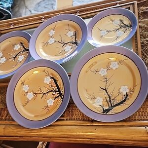 Vintage Takito Sakura Cherry blossom blue orange embossed lusterware set marked